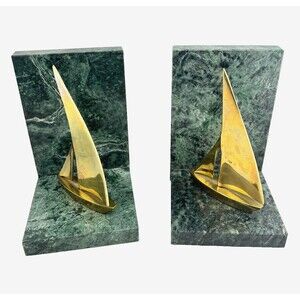 Vtg Marble Brass Sailboat Bookends Verde Green Nautical Sailing Executive Office